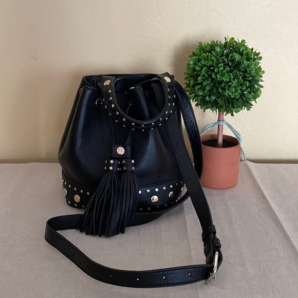 SANDRO Paris Alane Black Studs Pebble Leather Bucket Bag Tassel - Picture 5 of 12